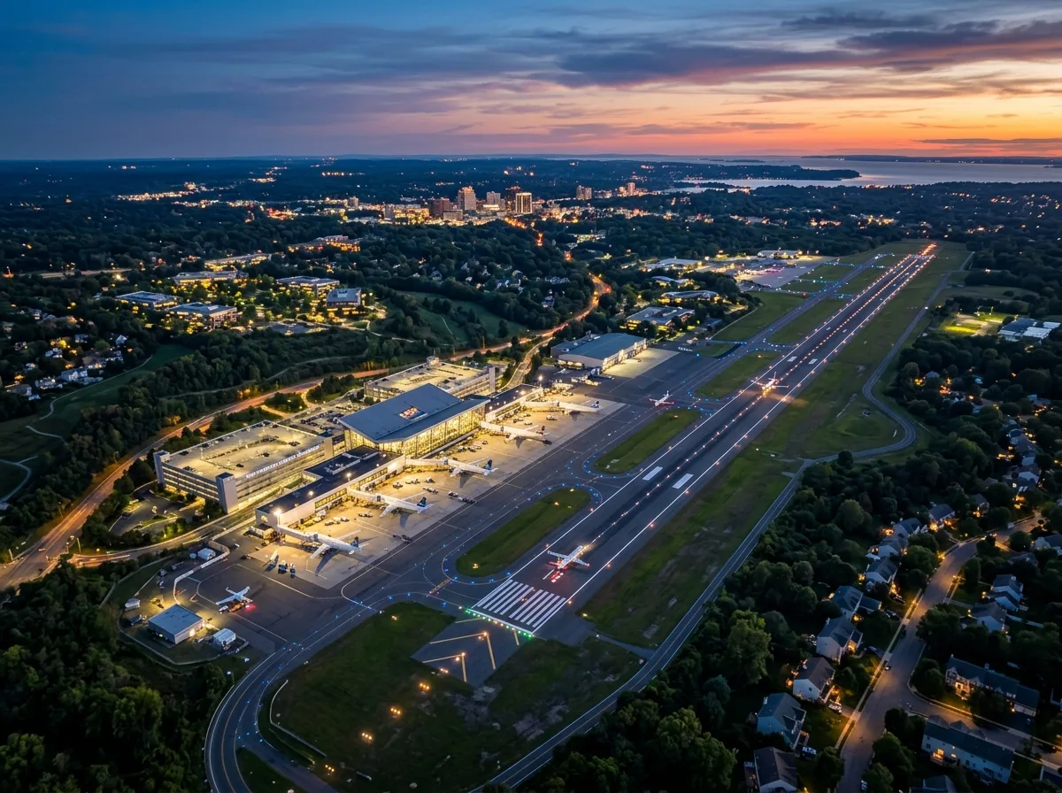 Aerial view of Westchester County Airport HPN terminal at dusk, runway lights, suburban New York landscape, cinematic blue-orange sky