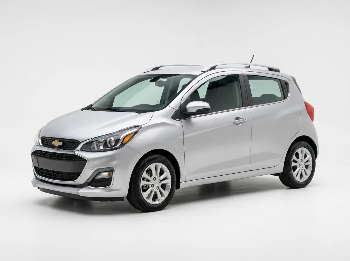 Economy hatchback Chevrolet Spark, silver, 3/4 front view, clean white studio background, compact city vehicle