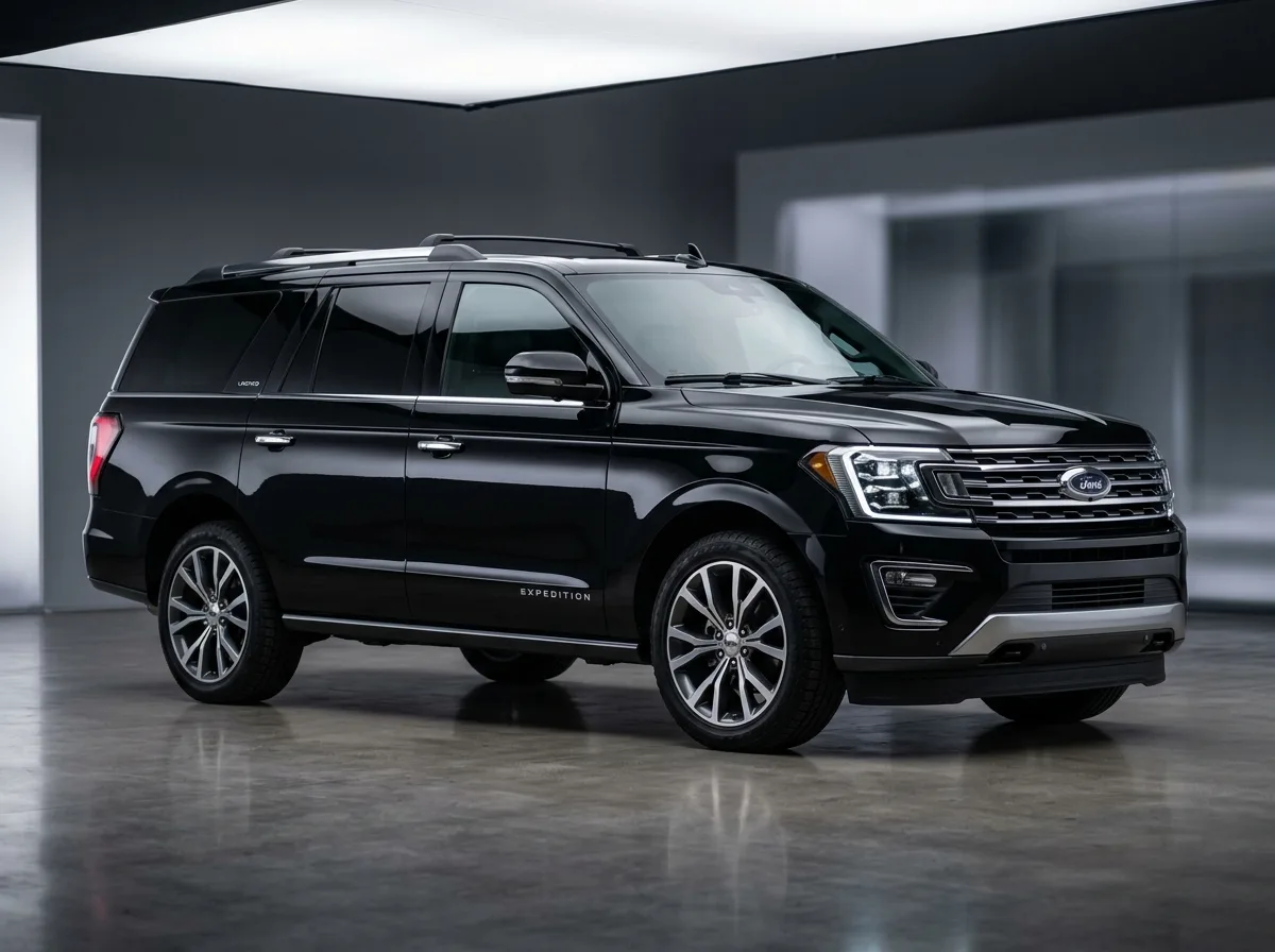 Ford Expedition full-size SUV, black, 3/4 front view, studio background, large family hauler premium trim