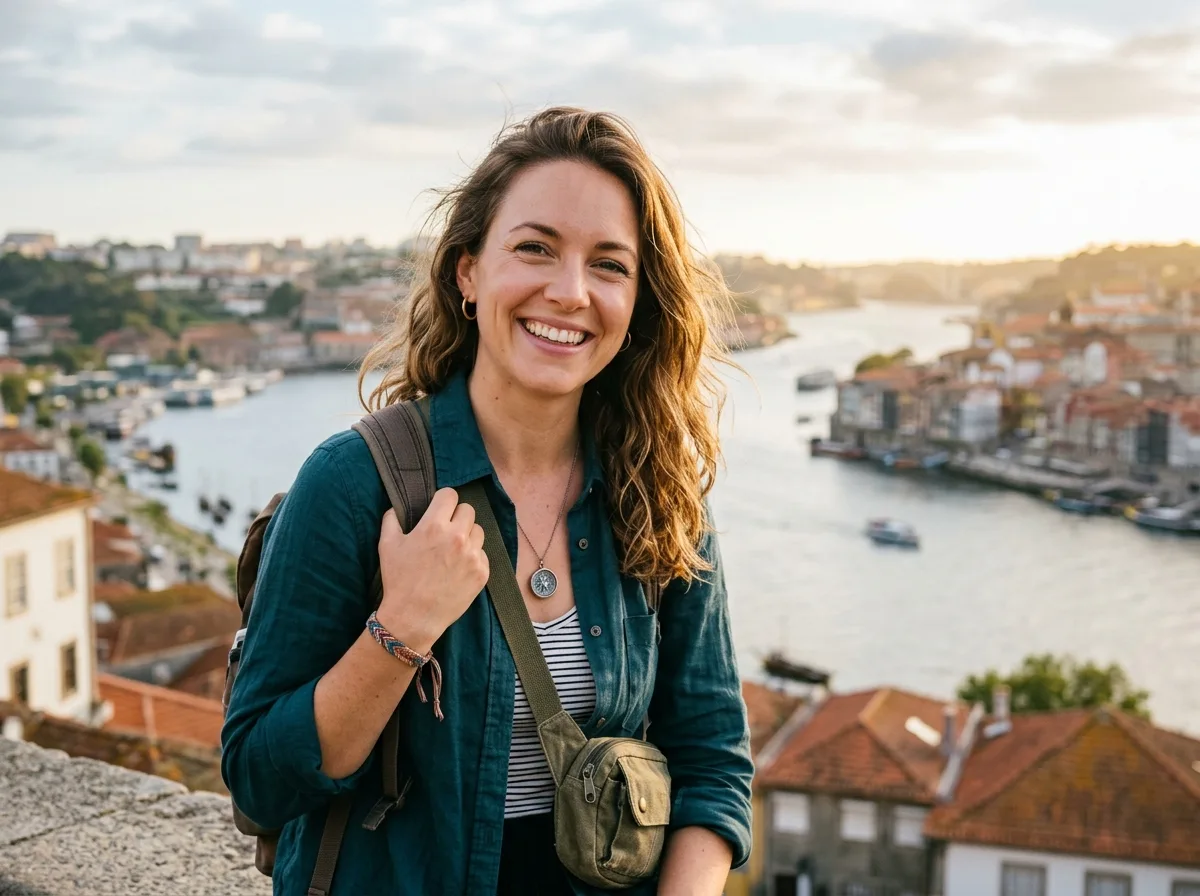 Portrait of a woman in her 30s, smiling, casual attire, natural lighting, traveler profile photo