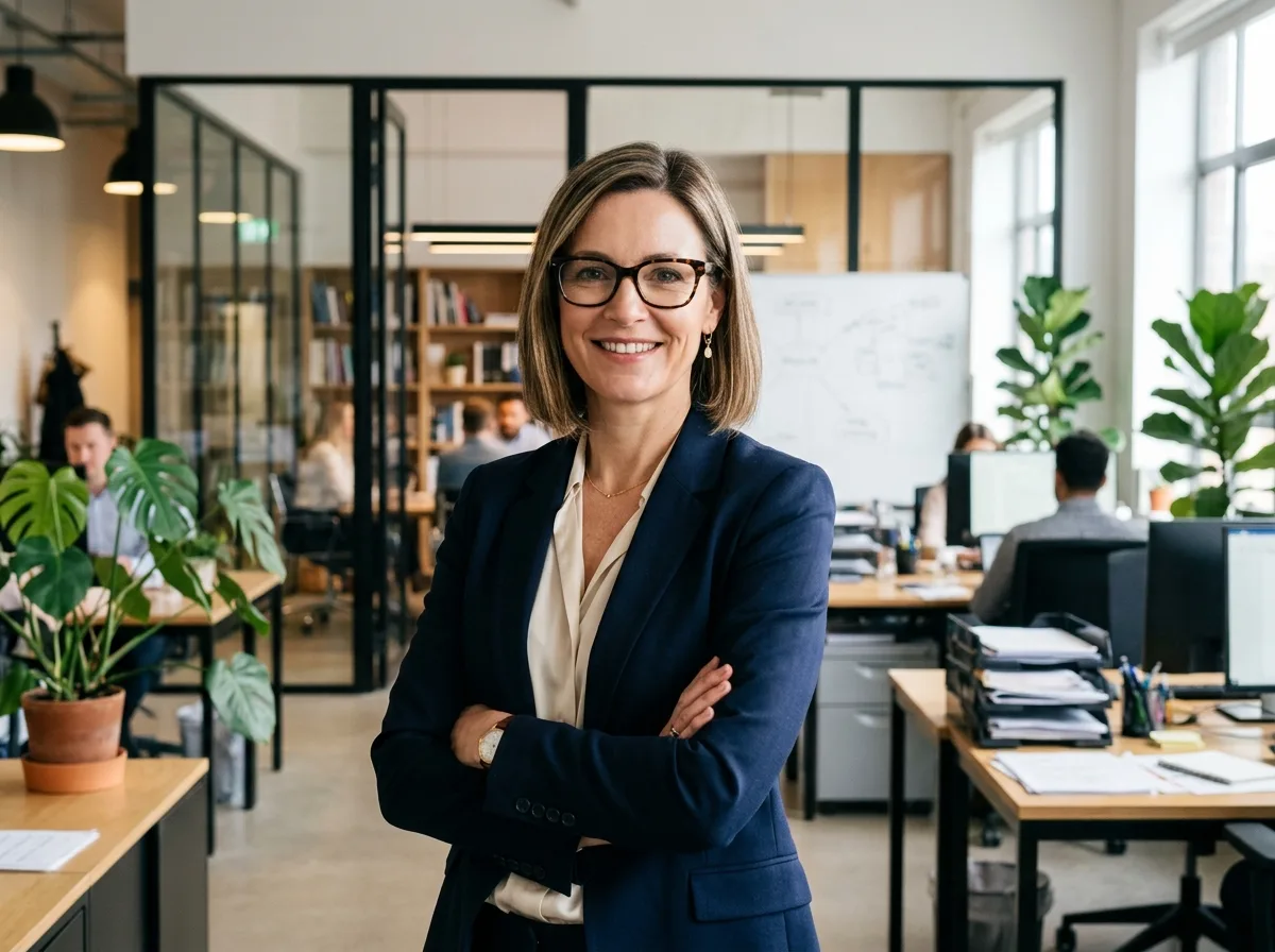 Portrait of a professional woman in her 40s, glasses, confident expression, office background photo